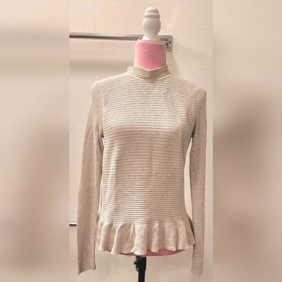 HINGE Cream Mock Neck Cotton Blend Ruffled Pullover Sweater Sz Small - Picture 4 of 5